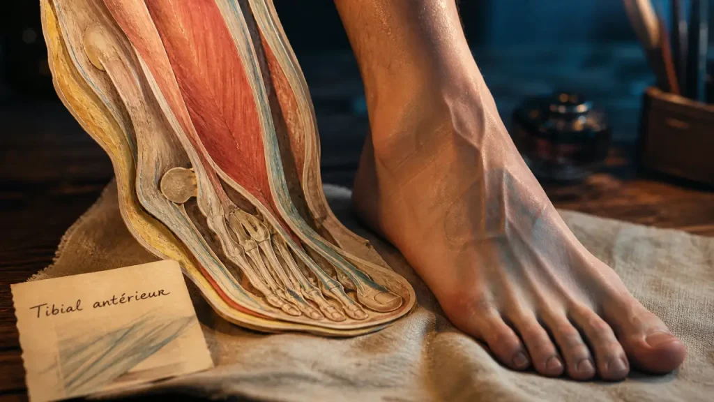 Muscle tibial anterieur à la cheville : trajet et insertion sur le cou-de-pied