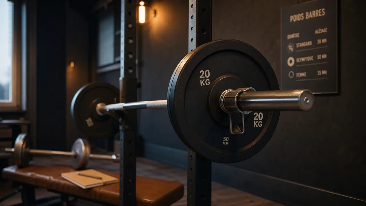 Poids barres musculation : barre 20 kg, repères 15 kg et 25 kg