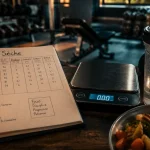 Programme de seche 300 kcal déficit : carnet, balance, shaker, poulet et légumes pour sécher sans perdre de muscle