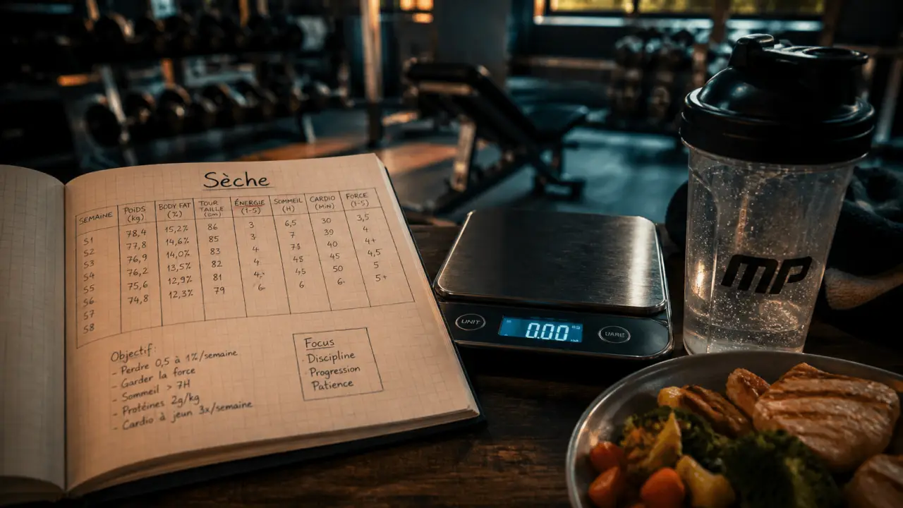 Programme de seche 300 kcal déficit : carnet, balance, shaker, poulet et légumes pour sécher sans perdre de muscle