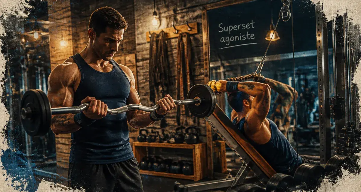 Superset musculation : curl barre et triceps poulie en salle de sport