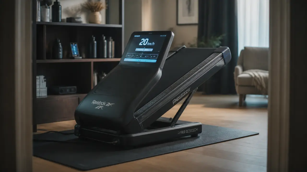 tapis de course reebok plié, écran LED affichant 20 km/h