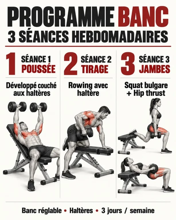 Programme musculation avec banc PDF organisé en trois séances avec haltères