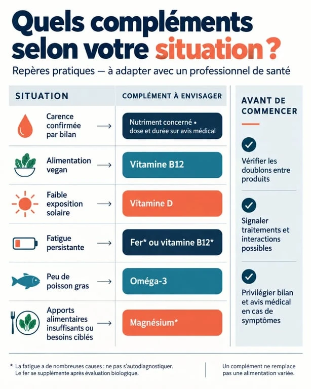 Infographie pour savoir quels compléments alimentaires prendre selon les besoins et les précautions