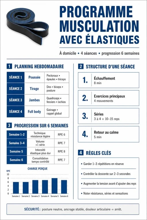 Programme musculation élastique pdf gratuit : synthèse visuelle du planning sur 4 séances et de la progression sur 6 semaines