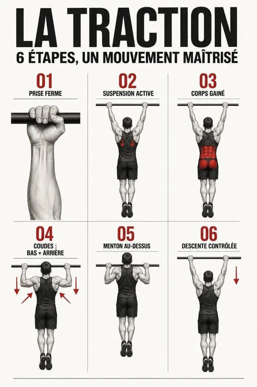 Séquence illustrée des étapes d’une traction musculation correcte