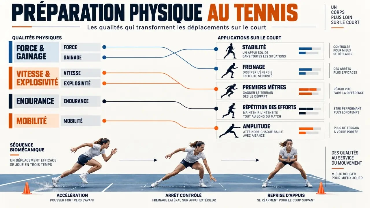 Infographie de préparation physique au tennis avec force, vitesse, endurance, mobilité et freinage