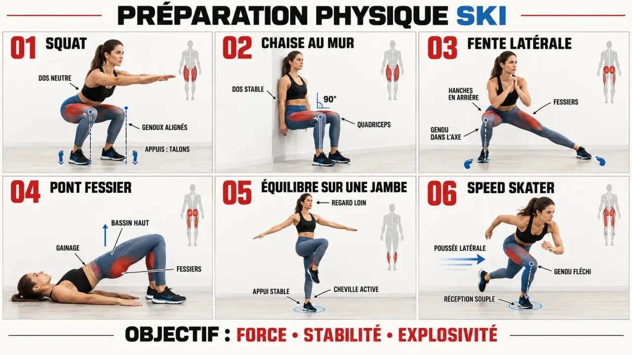 Exercices de ski préparation physique : squat, chaise, fente latérale, pont fessier et travail d’équilibre