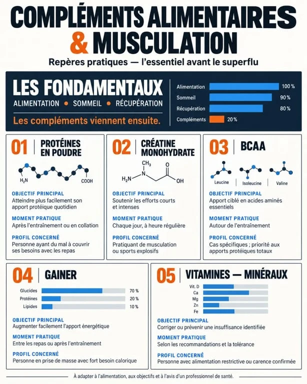Infographie des compléments alimentaires muscu par objectif et moment de prise