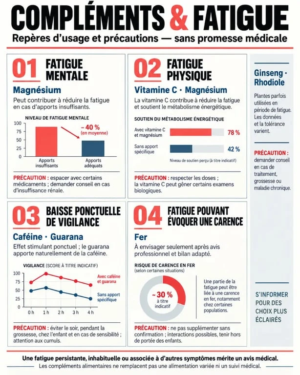 Compléments alimentaires fatigue : actifs, usages et précautions selon le type de fatigue