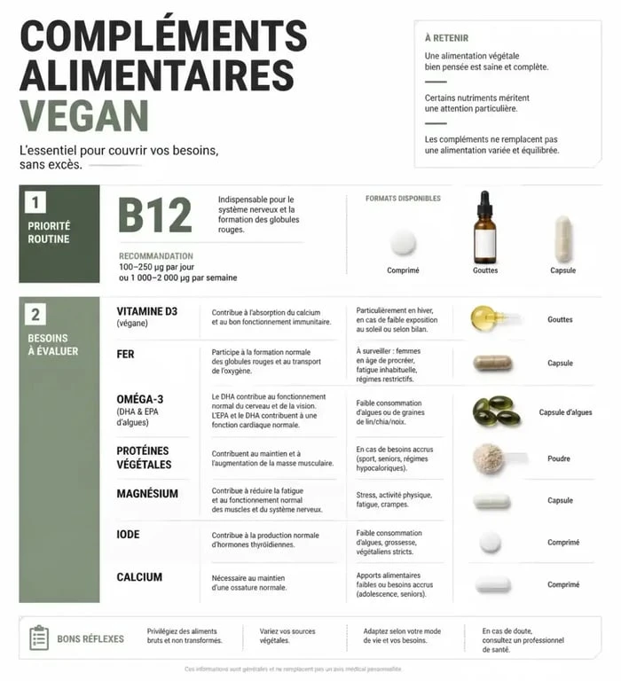 Infographie sur les compléments alimentaires vegan à choisir selon les besoins