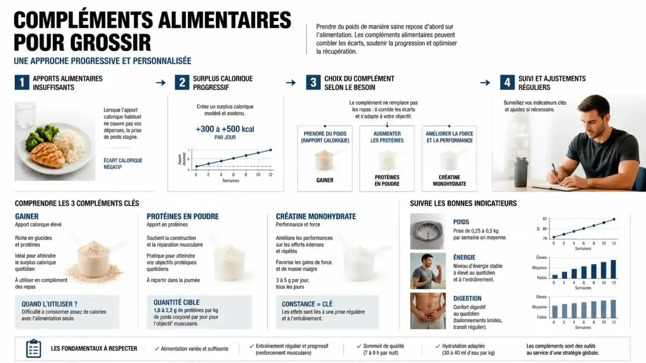 Infographie sur les compléments alimentaires pour grossir et la logique du surplus calorique progressif
