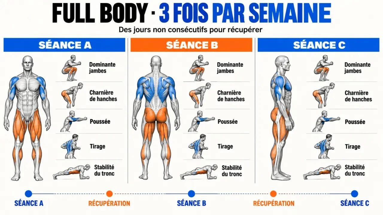 Programme de musculation 3 fois par semaine full body avec séances A, B et C