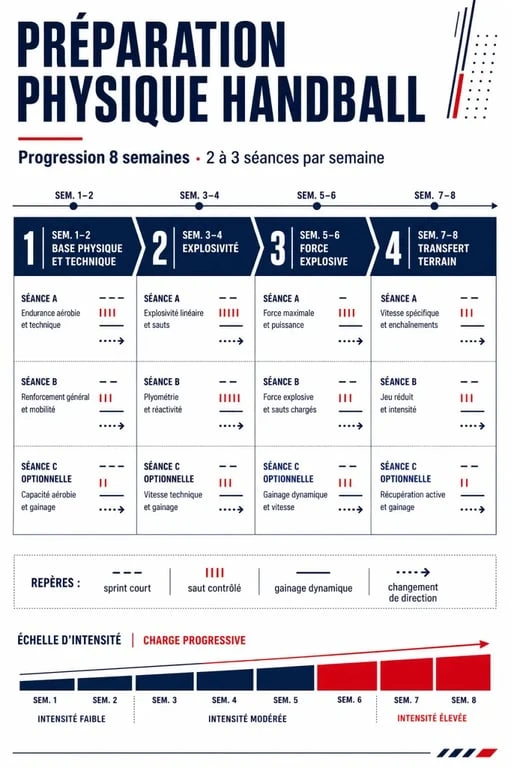 Préparation physique handball : planning visuel sur 8 semaines avec les phases base, explosivité, force explosive et transfert terrain