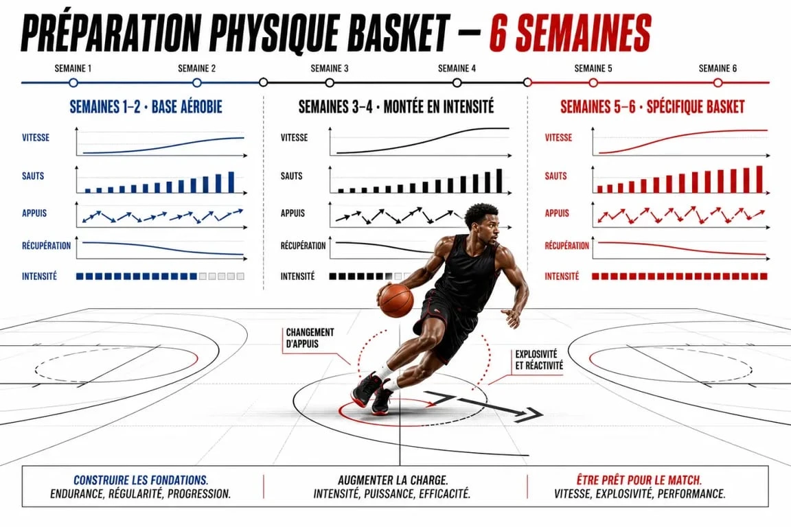 Préparation physique basket : progression visuelle sur 6 semaines entre endurance, appuis et pliométrie