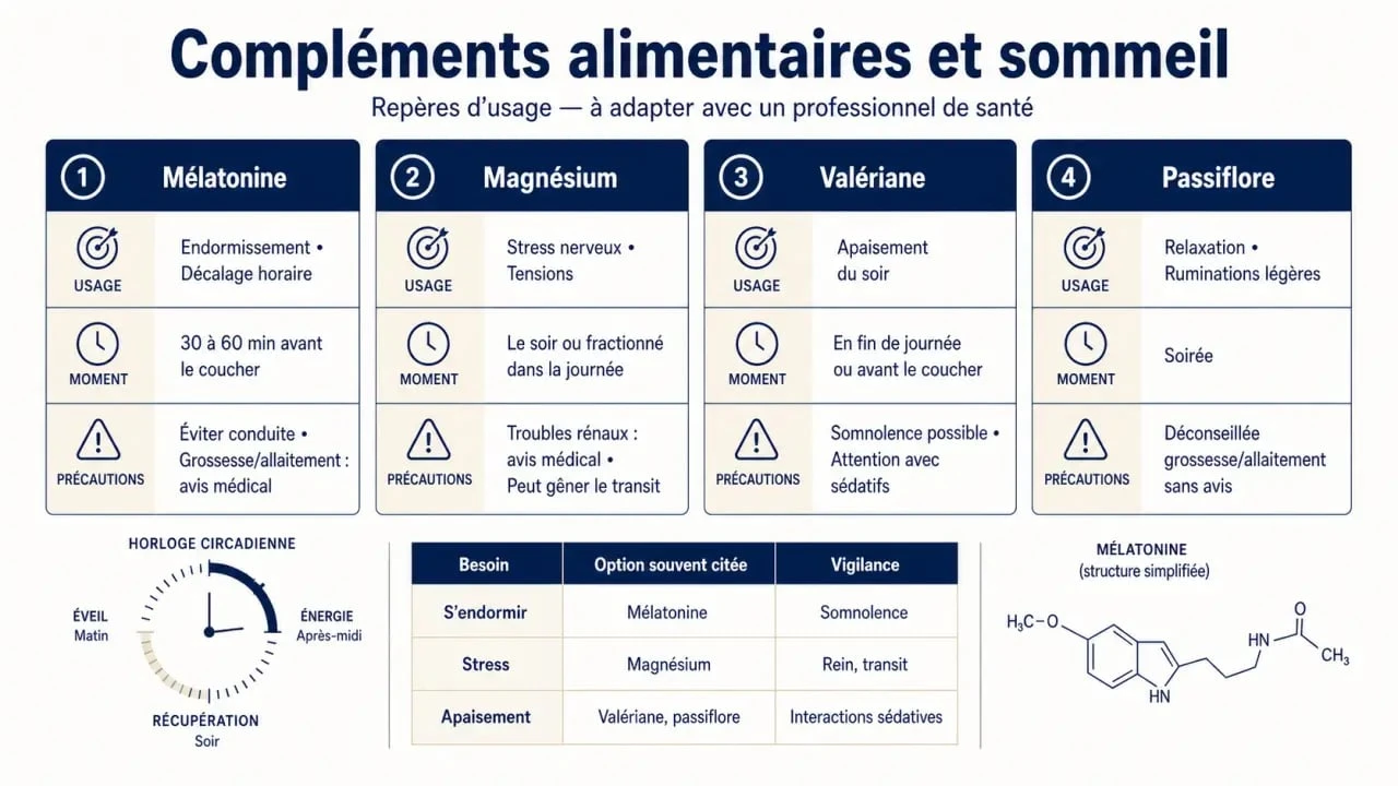 Compléments alimentaires pour dormir : synthèse visuelle des actifs, usages et précautions