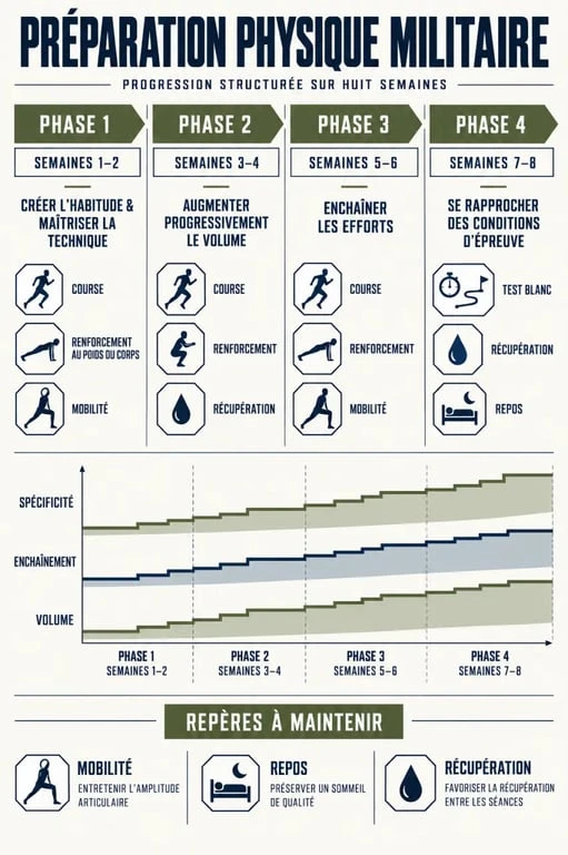 Infographie de préparation physique militaire pdf sur un planning progressif de huit semaines