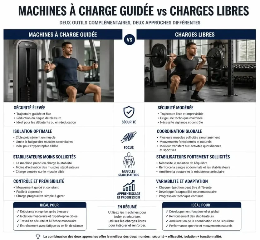Comparatif visuel : machines à charge guidée vs charges libres pour votre programme de musculation