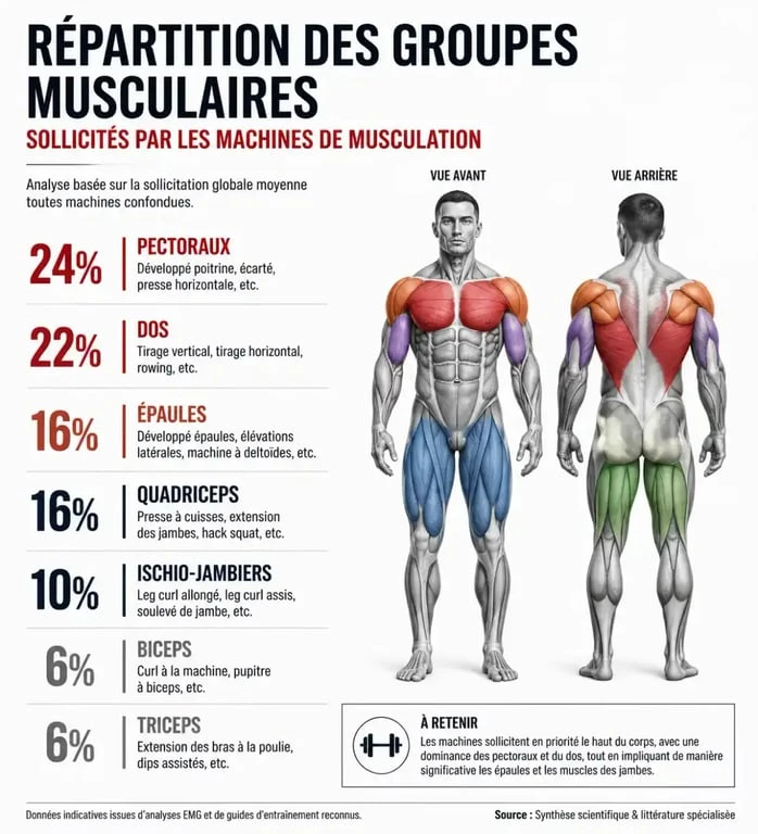Infographie des groupes musculaires ciblés par un programme complet de musculation avec charge guidée
