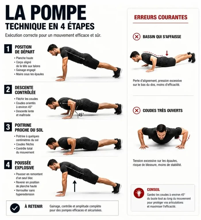Pompe musculation : étapes de la technique correcte et erreurs courantes