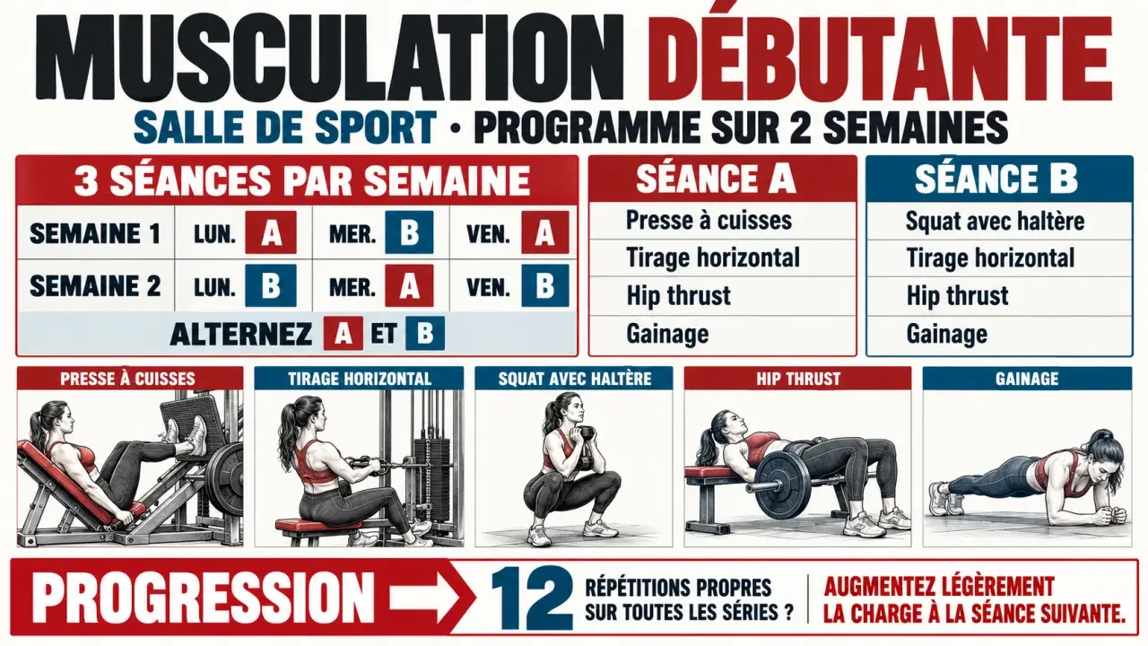 Infographie d’un programme de musculation femme salle de sport avec alternance des séances A et B