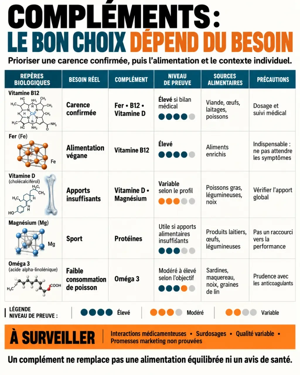 Meilleurs compléments alimentaires selon les besoins, les preuves et les précautions