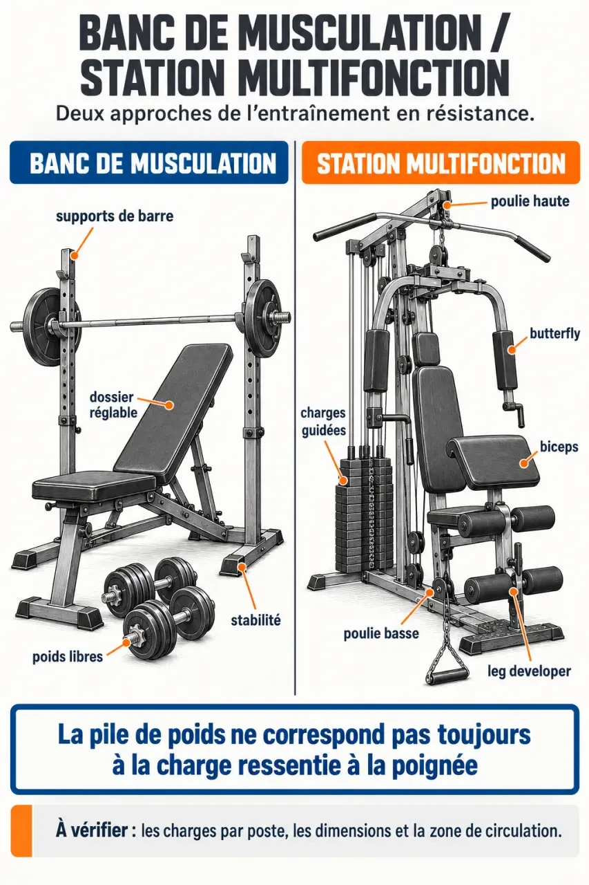 Infographie sur le banc de musculation Weider et la station multifonction à poulies