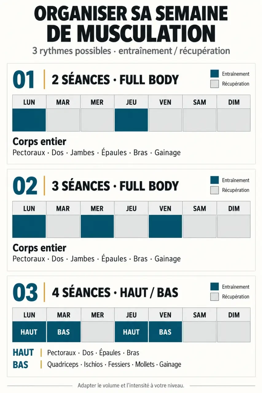 Programme de musculation pour une semaine avec plannings full body et haut bas du corps