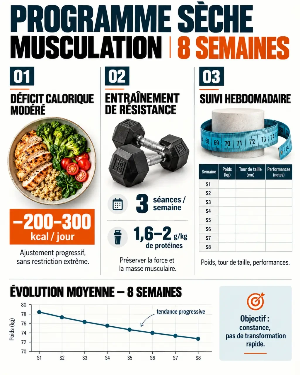 Infographie du programme seche musculation sur huit semaines avec déficit calorique, entraînement et suivi