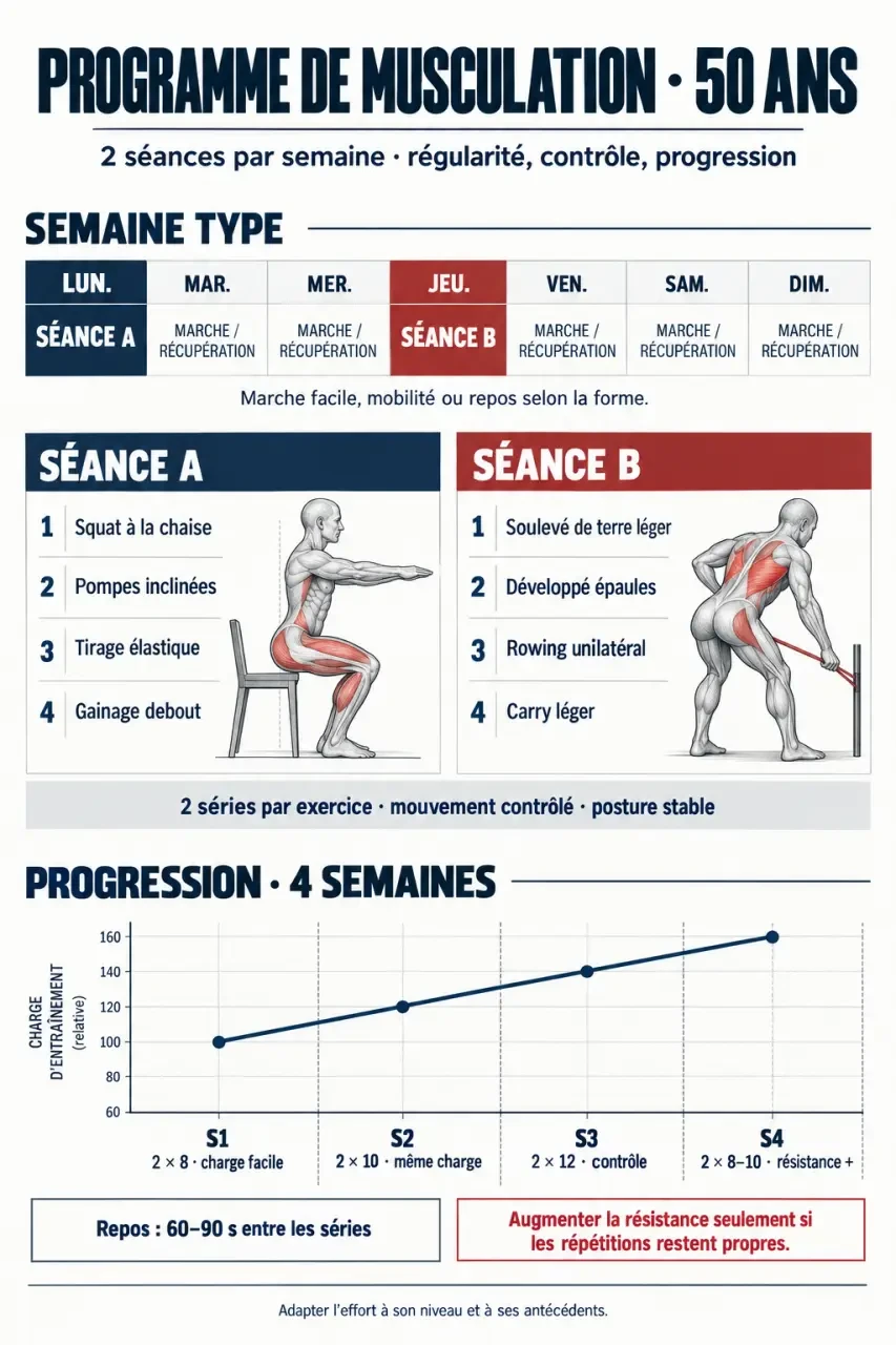 Programme de musculation pour homme de 50 ans avec séances A et B et progression sur quatre semaines
