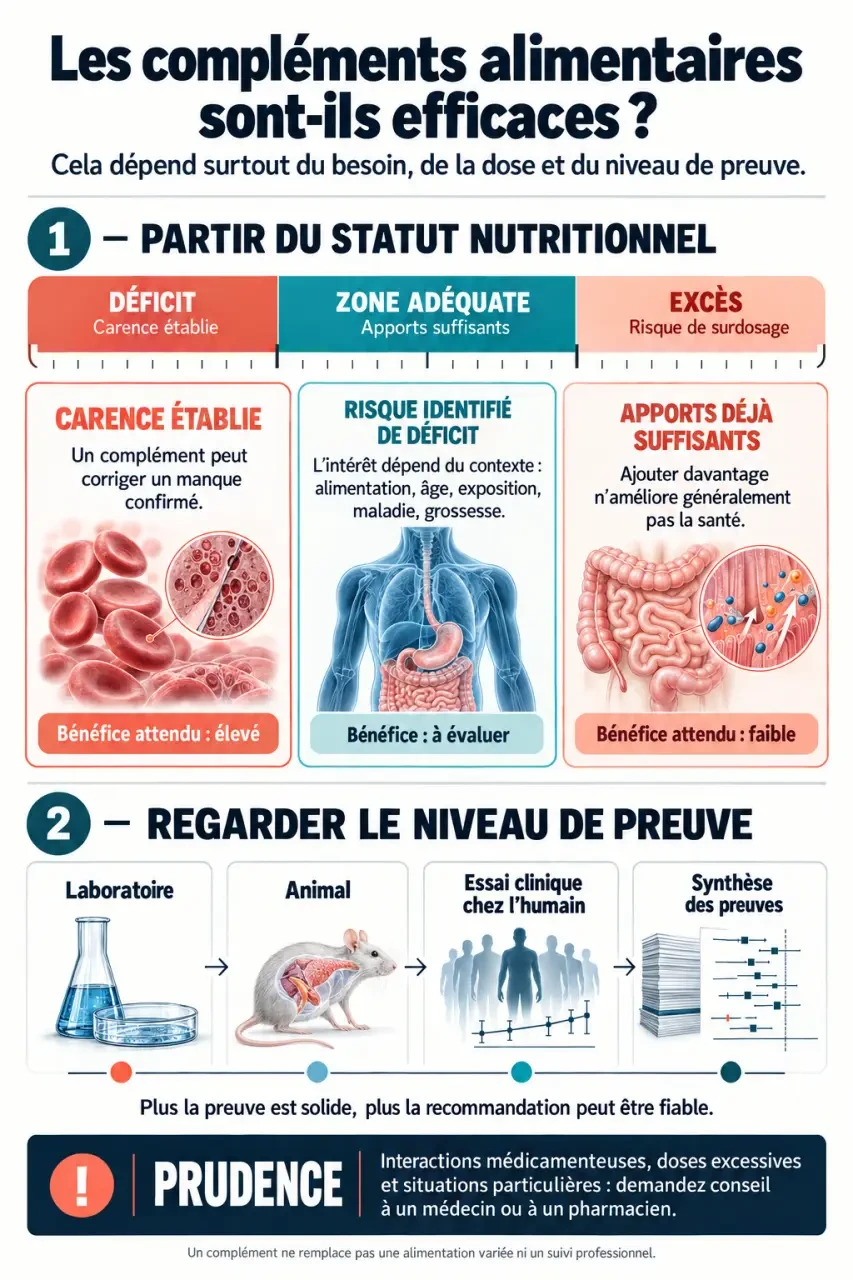 Infographie : les compléments alimentaires sont-ils efficaces selon la carence, le niveau de preuve et les risques