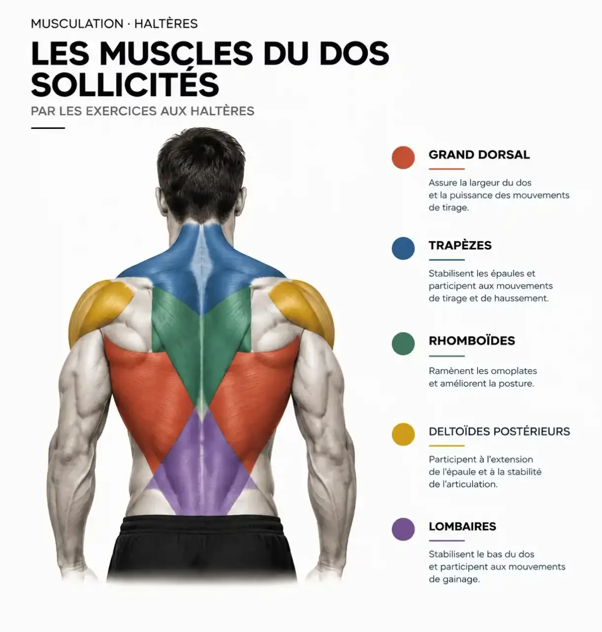 Schéma des muscles du dos sollicités par un exercice dos haltères : grand dorsal, trapèzes, rhomboïdes et deltoïdes postérieurs