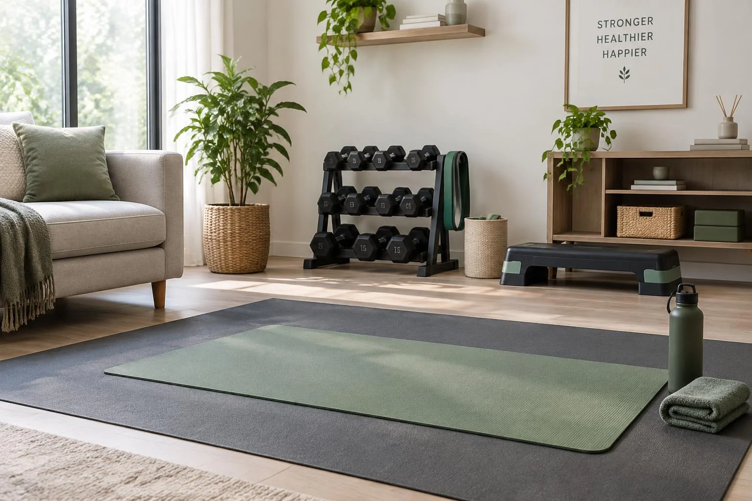Fitness chez soi : zone dégagée, matériel et sol protégé