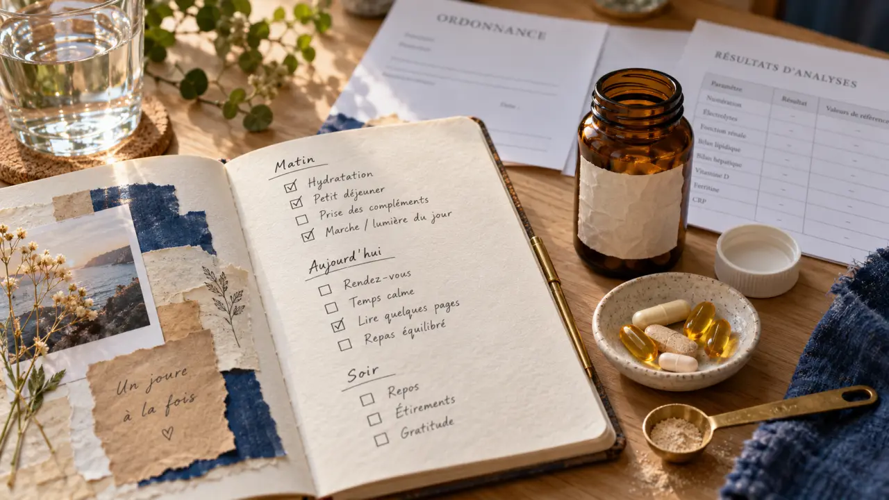 Meilleures compléments alimentaires : flacon, gélules et check-list sur table en bois